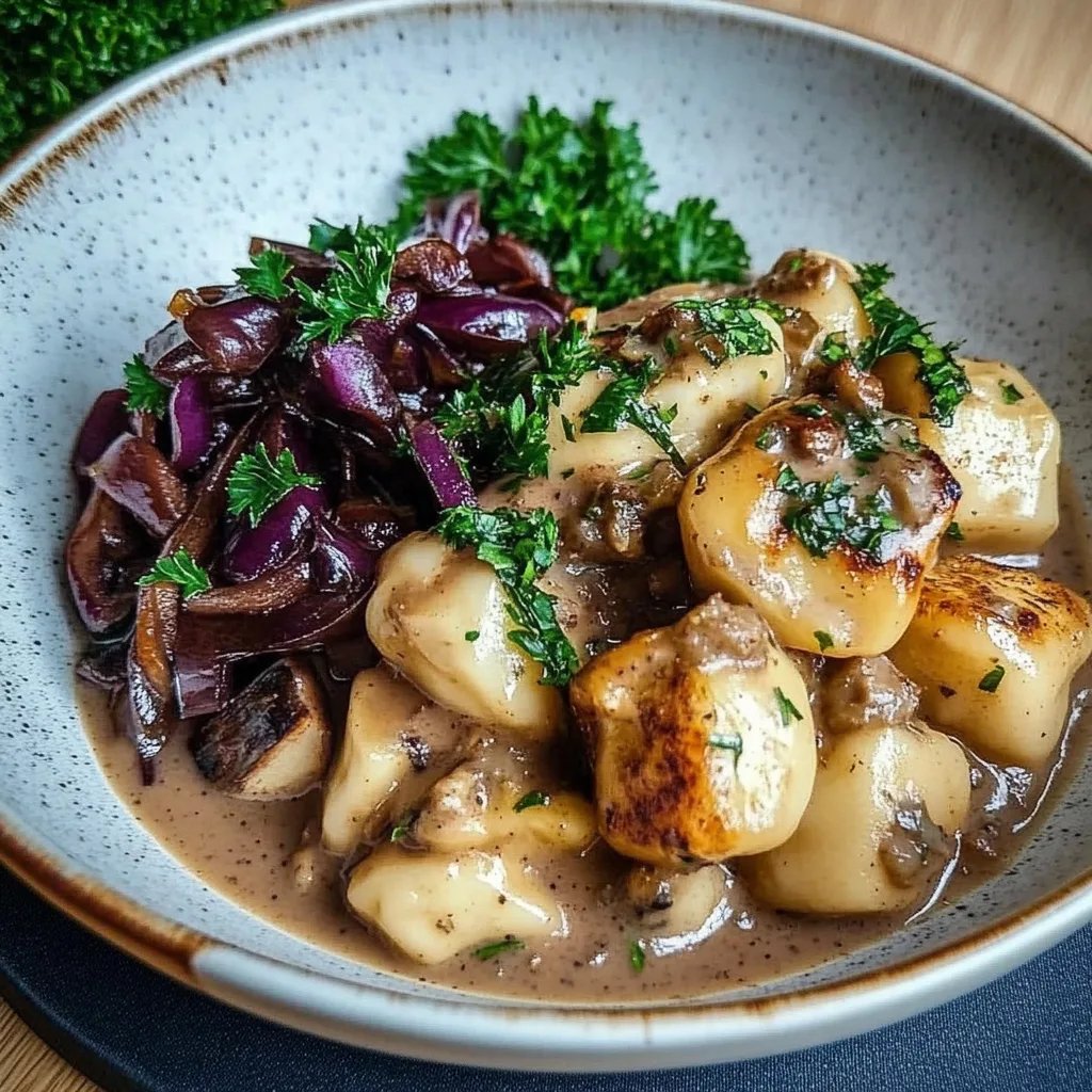 Herzhaftes Pilz-Maronen Ragout mit Ofenknödeln und Rotkraut